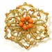 Vintage Flower Brooch Coral Rhinestones Gold Open Mesh