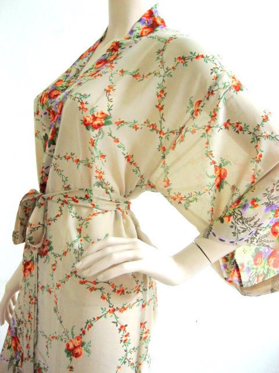 Kimono Robe in Habutai Silk Floral Tan Gift for Her Loungwear