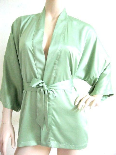 Silk Satin Kimono Robe in Light Green Short Kimono Gift for