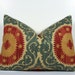 Decorative Suzani pillow cover - teal blue - red - gold - tan Chenille lumbar throw pillow - designer