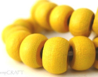 Wood Beads, Yellow Hemp Macrame Beads, Wood Crow Beads 6x10mm - Large Hole Beads - 50pc