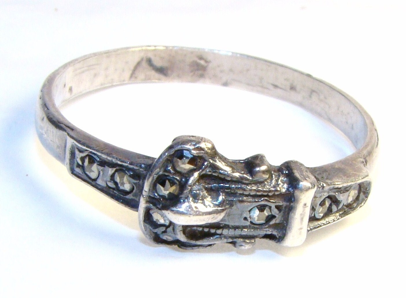 Antique Sterling Silver Belt Buckle Ring with Marcasites