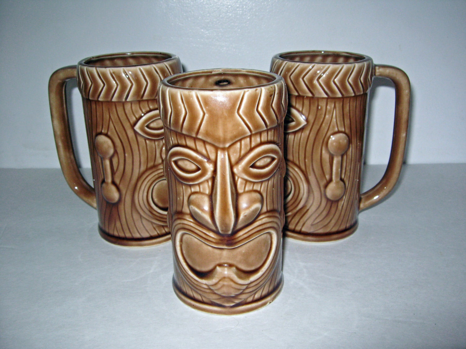 vintage brown TIKI mugs set of 6 ceramic 1960s kitsch bar