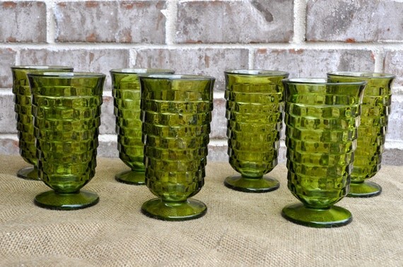 Nine Green Indiana Whitehall Drinking Glasses In Cubist Design