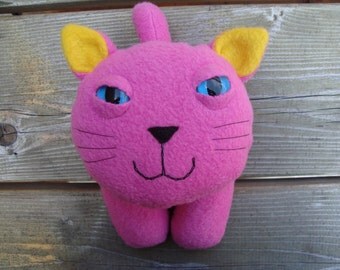 Stuffed plush kitty cat in pink and yellow fleece-Flipper