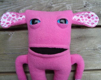 Stuffed monster plush in pink fleece and patterned cotton material - Samantha