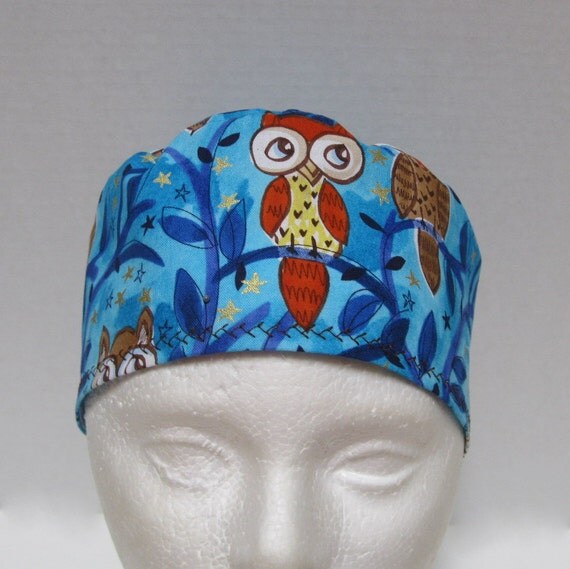 Scrub Hat Surgical Cap Chemo Cap Owls on Blue