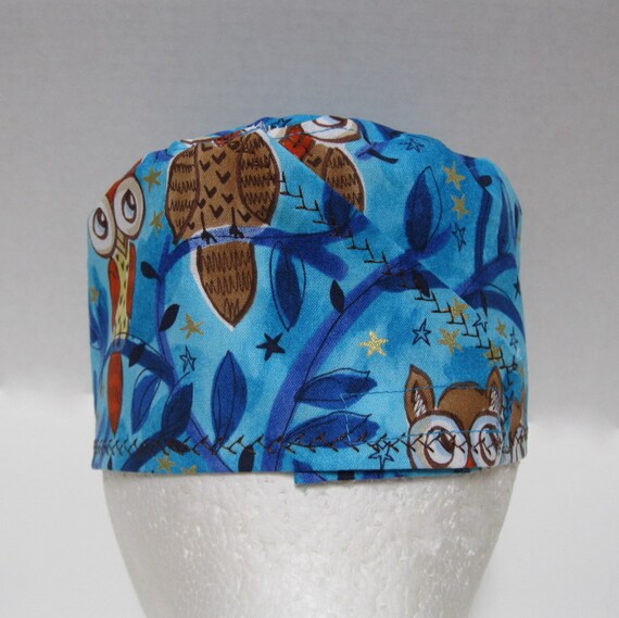 Scrub Hat Surgical Cap Chemo Cap Owls on Blue