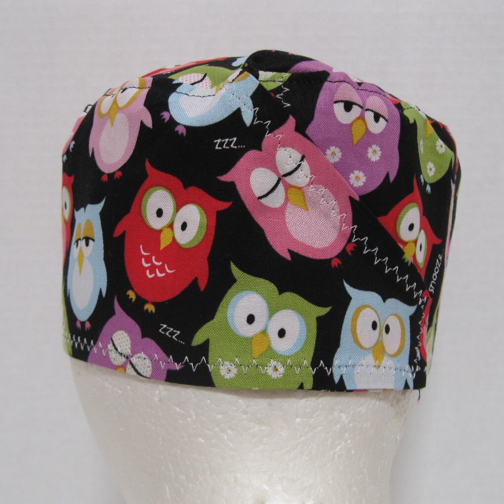 Scrub Hat or Skull Cap with Sleepy Owls on Black by ScrubHatStore