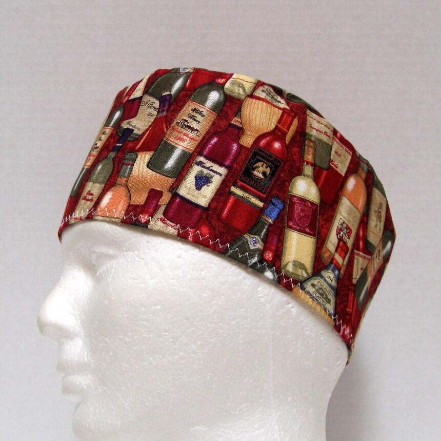 Mens Scrub Hat or Surgical Cap with Wine Bottles