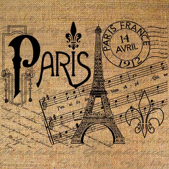 PARIS Eiffel POST MARK Music Writing Digital Collage Sheet
