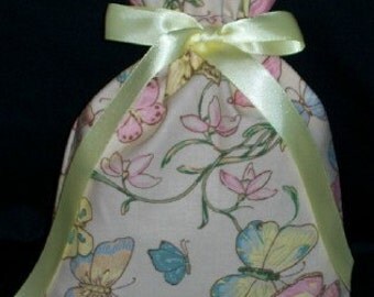 Butterflies and Flowers Pastel Small Fabric Gift Bag - Butterfly, Floral, Nature, Simple, Pink, Yellow, Blue, Beige