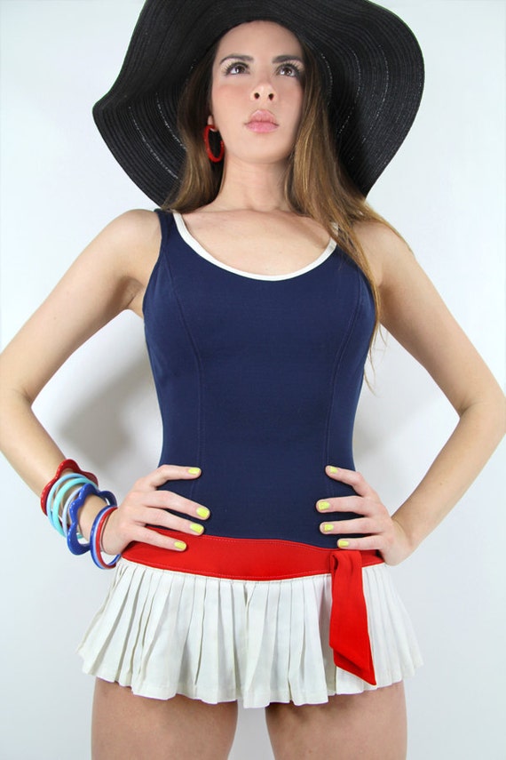 Vintage 50s Pinup Swimsuit Pleated Skirt One Piece Sailor