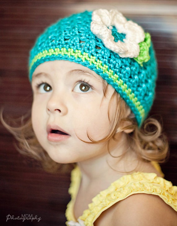 Items similar to Textured Baby Beanie, Turquoise Lime Beanie, Flower ...