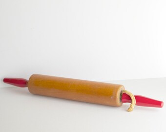 Wooden Rolling Pin Red Handles Shabby Cottage Decor Farmhouse Kitchen