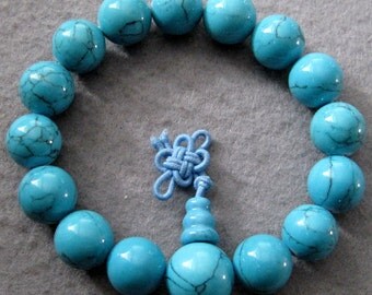 12mm Imitate Blue Turquoise Round Prayer Beads Tibet Buddhist Wrist Mala Bracelet  T2003