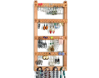 Earring Holder - Jewelry Holder, Cherry, Wood, Wall Mount with Necklace and Bracelet Jewelry Organizer. Holds up to 40 pairs, 4 pegs.