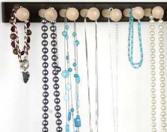 Long Necklace Holder - Jewelry Display Bar, Wall Mount, Wood, Peruvian Walnut. 20", 14 Long Pegs. Hanging Necklace Rack.