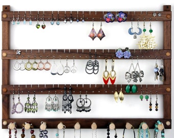 Black Walnut Jewelry Holder - Earring Holder, Hanging, Wood. Holds 72 pairs plus 10 peg Necklace Holder. Wall Mounted Jewelry Organizer