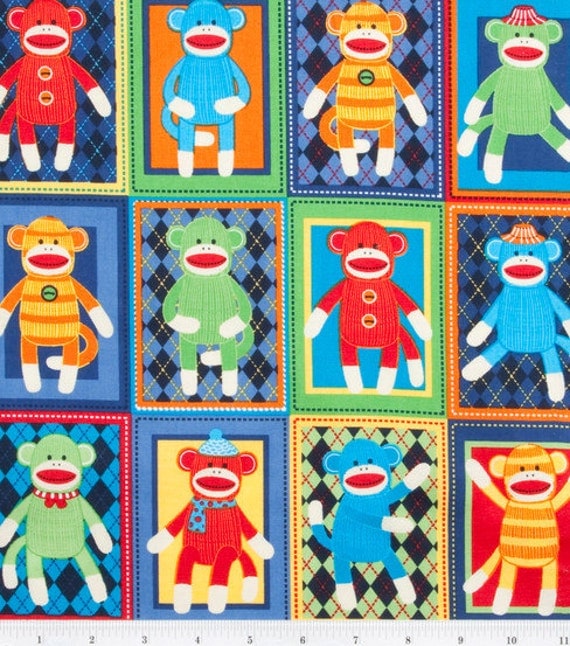Sock Monkey Squares - Bright - Cotton Fabric 1 yard