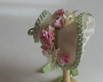 Handmade 1/12th scale dollshouse ivory silk bonnet
