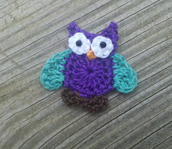 Crochet Little Purple owl Applique Handmade wings in teal for