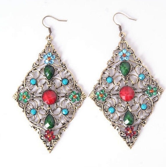 Items similar to Colorful Chandelier Earrings Rhombus Shape Bronze ...