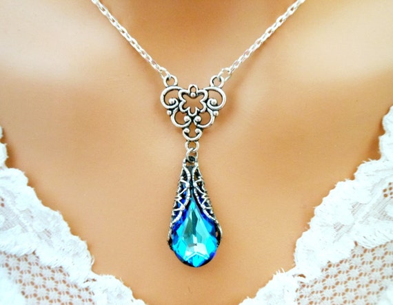 Blue VICTORIAN Necklace Wedding Jewelry Filigree Sterling