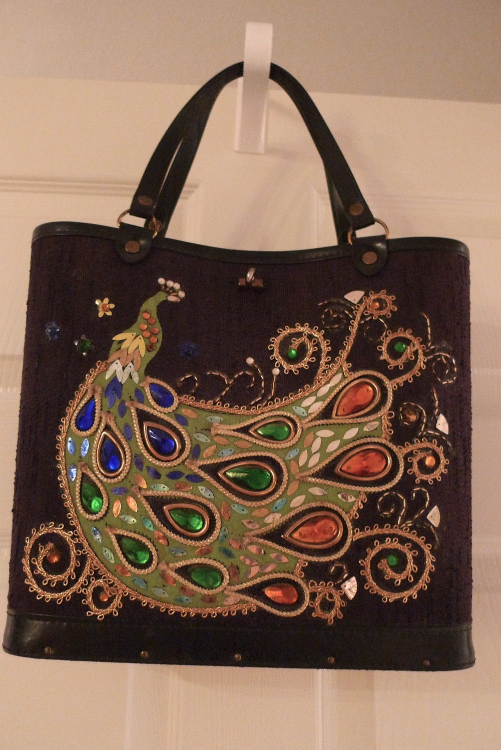 Vintage PEACOCK Bucket Bag Purse Jewel Tone Enid Collins Style