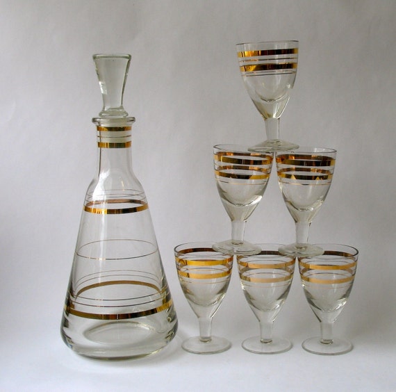 Gold Stripe Brandy Snifters and Decanter Set