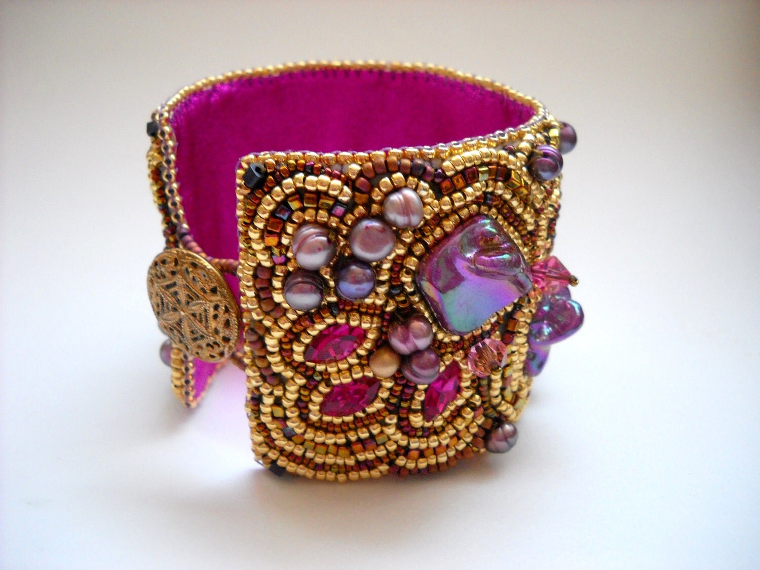 Inner Smile Bead Embroidery Bracelet Cuff with Carved Bone