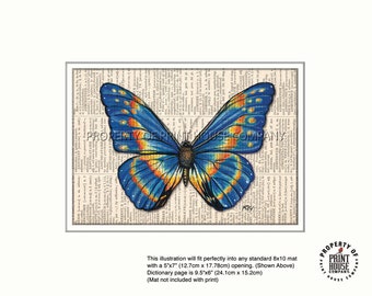 Original art, blue butterfly printed on an 1852 French-English dictionary page