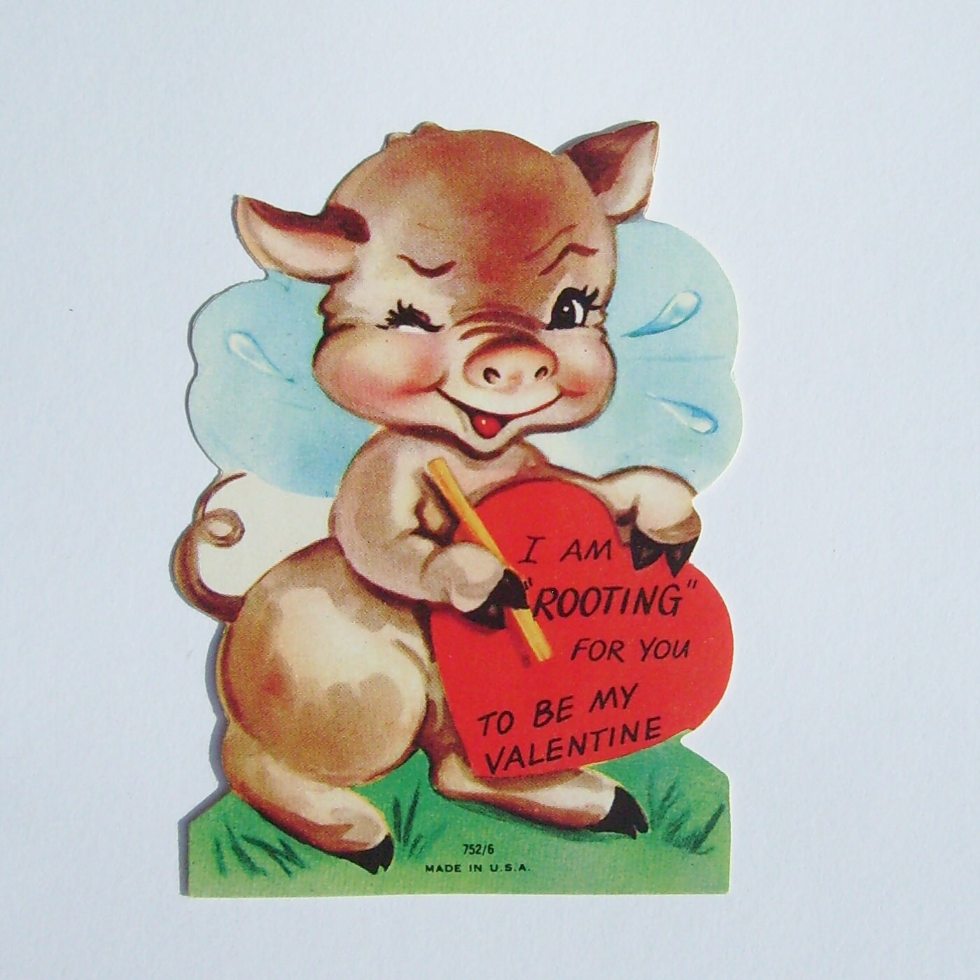 Vintage Valentine card die cut pig or hog