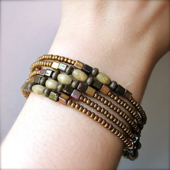 Memory Wire Bracelet Bronze and Brown Glass and Wood