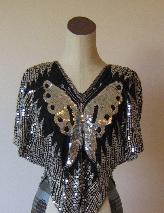 Black and Silver Disco Sequin Butterfly Top by RetroFascination