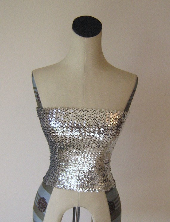 Silver Metallic Sequin Glitter Tube Top Glam Disco