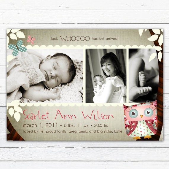 Owl Baby Girl Birth Announcement Photo Card--Look WHOOOO Has Just Arrived Il_570xn