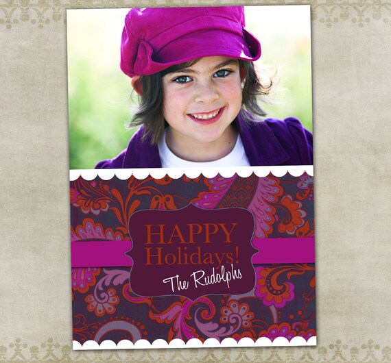 Holiday Photo Card-- FLOURISH (purple and red) Il_570xn