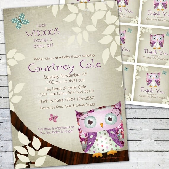 Owl Baby Shower Invitation and Gift Bag Tags (purple)-- Little Owlie Il_570xn