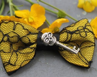Skeleton Key Hair Bow, Skull Lace Hair Bow, Euphoric Decay Skeleton Key Hair Bows , Scene, Gothic, Day of the dead hair play