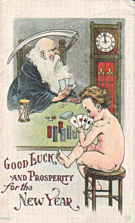 Old Father Time Baby New Year Playing Cards Clock 1920 Happy New Year