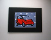 Art for Kids Red Smart Car Linocut block printing Mixed Media