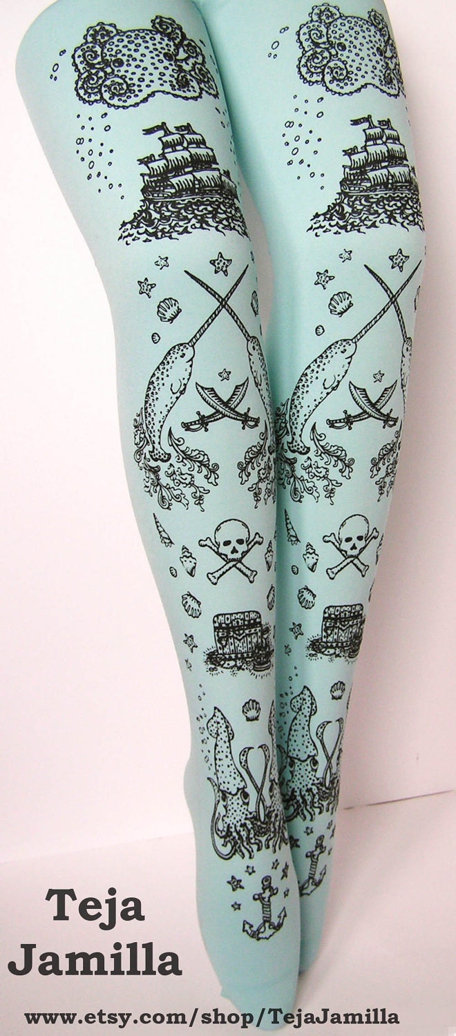 Pirate Printed Narwhal Tattoo Tights Small Black Pearl On Duck