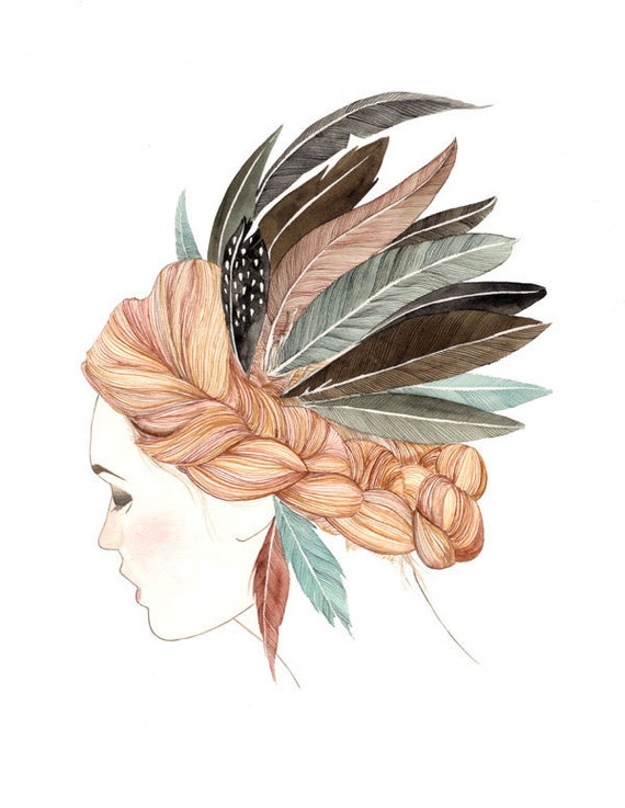 Items similar to Girl With Feathers Original Watercolor 