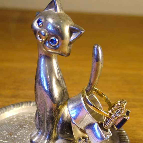 Vintage Cat Ring Holder EP Zinc Alloy Silver with Blue