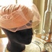 Vintage turban pillbox hat, peachy pink velvet spring ladies hat with netting veil, 1950s wedding or garden party hat