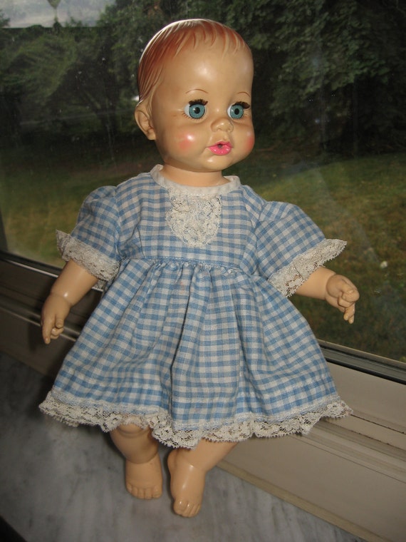 1971 Ideal Toy Corp. Baby Doll with Blue Checked Dress