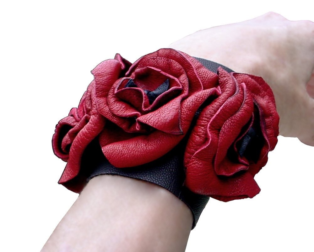 Soft Leather Flowers Cuff Bracelet Red Leather Wedding Cuff