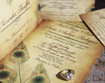 Vintage Peacock Wedding Invitation Set, Fancy Feathers Wedding Invitations. Peacock feather wedding invitations