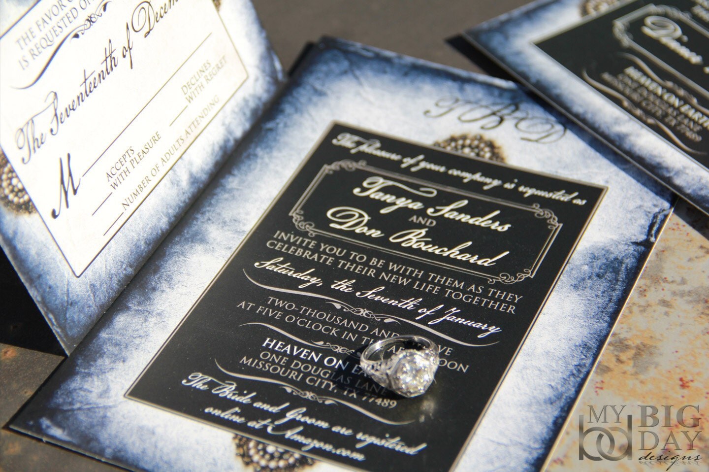 Blue parchment wedding invitations. Vintage pearls wedding